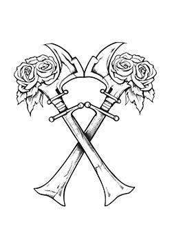 Tattoo template of crossed axes with roses