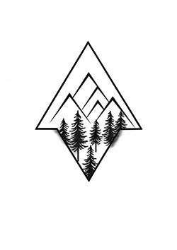 Tattoo template of a geometric mountain with evergreen trees