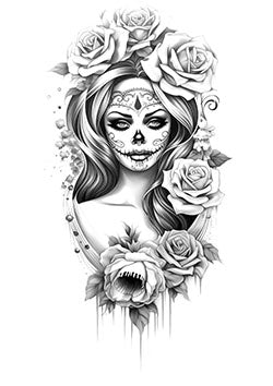 Tattoo template of a sugar skull woman with roses entwined in her hair