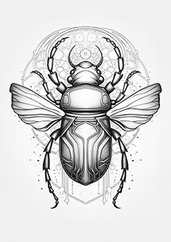 Tattoo template of a scarab beetle with open wings and an intricate mandala design