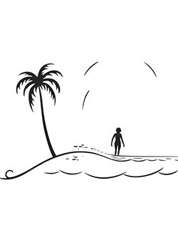 Tattoo template of a lone figure under a palm tree by the sea