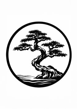 Tattoo template of a detailed bonsai tree in a circular frame reflecting serenity and nature