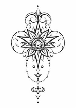 Tattoo template of an ornate cross with floral details and jewel accents