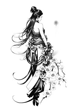 Tattoo template of a traditional Japanese woman with flowers