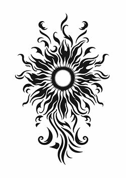 Tattoo template of a stylized sun with flaming rays