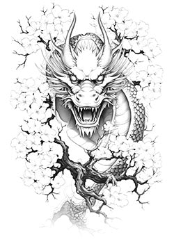 Tattoo template of a dragon intertwined with sakura blossoms