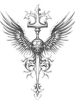 Tattoo template of a cross and sword with angelic wings, symbolizing divine protection and strength