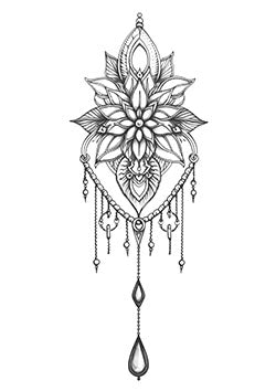 Tattoo template of a detailed lotus with intricate patterns and dangling elements