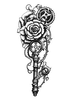 Tattoo template of a steampunk rose combined with intricate gears and mechanical parts