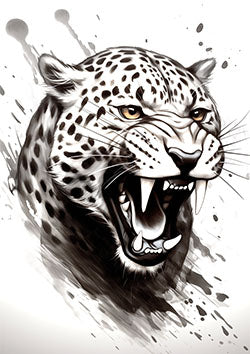 Tattoo template of a fierce roaring jaguar with an abstract background