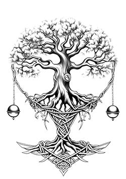 Tattoo template of a tree with Celtic knot roots and symmetrical design