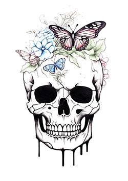 Tattoo template of a skull with flowers and butterflies