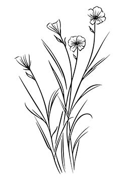 Tattoo template of a delicate arrangement of wildflowers elegantly depicted with fine lines capturing serene beauty.