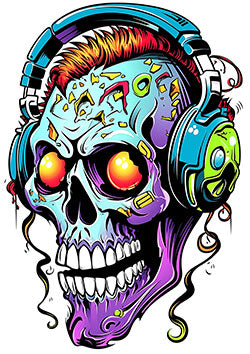 Tattoo template of a colorful skull with headphones and glowing eyes, representing a lively and rebellious spirit