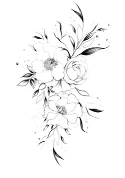 Tattoo template of a floral bouquet with three flowers and leaves