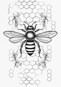 Tattoo template of a detailed bee in a honeycomb pattern adorned with flowers.