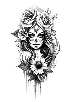 Tattoo template of a sugar skull woman with roses and a daisy, combining elegance and mysticism