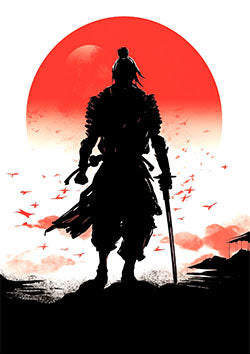 Tattoo template of a samurai silhouette with red sun and birds