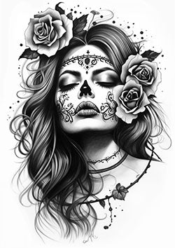 Tattoo template of a woman with a sugar skull face paint surrounded by roses and floral designs