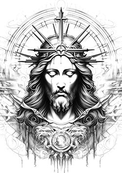 Tattoo template of a detailed religious figure with sorrowful expression