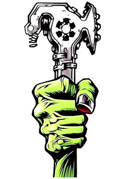 Tattoo template of a zombie gripping a wrench, embodying mechanical strength and eerie resilience