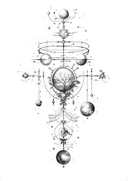 Tattoo template of a cosmic tree with planets.