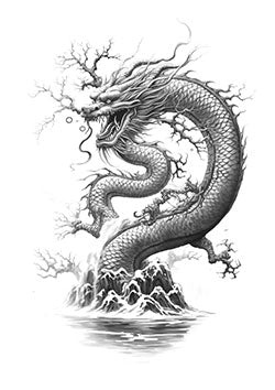 Tattoo template of a dragon with waves and trees