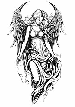 Tattoo template of an angel with detailed wings and flowing hair