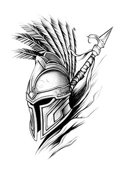 Tattoo template of a majestic warrior helmet with feathers and spear, symbolizing honor and strength