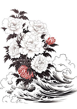 Tattoo template of a monochromatic floral design with dynamic waves