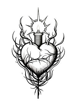 Tattoo template of a heart with vines and a light bulb at its peak.