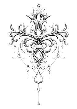 Tattoo template of an ornate symmetrical floral design with a central gemstone.