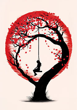 Tattoo template of a girl on a swing in a cherry blossom tree surrounded by red petals