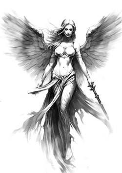 Tattoo template of an angelic figure with wings and a sword.