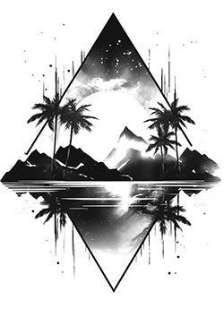 Tattoo template of a geometric landscape with reflection and palm trees