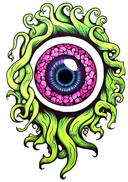 Tattoo template of a surreal eyeball with green tentacles in a vivid, otherworldly design.