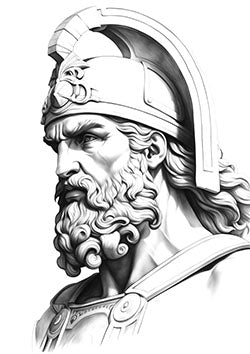 Tattoo template of a bearded gladiator in traditional armor with a fierce expression