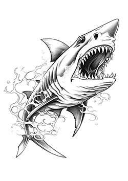 Tattoo template of a shark bursting out of water with open jaws