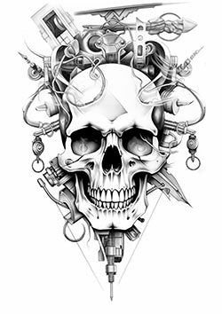 Tattoo template of a skull adorned with mechanical parts blending mortality and industrial chaos for a striking design.