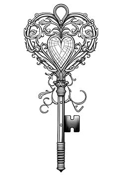 Tattoo template of a baroque key with a heart-shaped bow