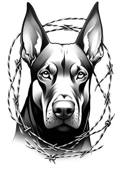 Tattoo template of a dog's face surrounded by barbed wire, symbolizing protection and loyalty.