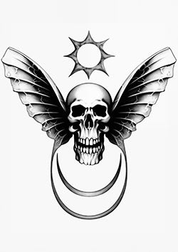 Tattoo template of a skull with wings and a mystical sun above