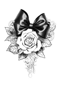 Tattoo template of a rose with black bow and lace details, symbolizing timeless elegance and beauty.