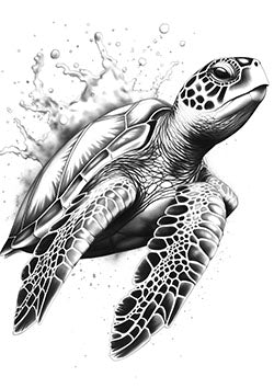 Tattoo template of a sea turtle swimming with water splashes, detailed and graceful, in black and white ink