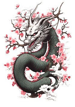 Tattoo template of an Eastern dragon with cherry blossoms