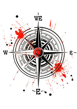 Tattoo template of a vivid compass with red splashes for intense emotion and direction