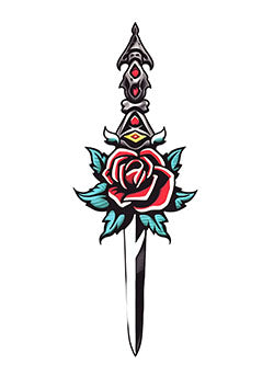 Tattoo template of a dagger with a blooming rose entwined around it, symbolizing the blend of strength and beauty