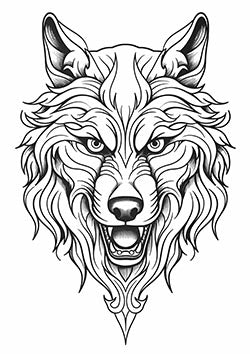 Tattoo template of a detailed wolf head with a fierce expression