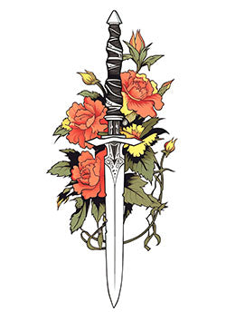 Tattoo template of a sword entwined with orange flowers symbolizing strength and beauty