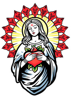 Tattoo template of a serene woman holding a sacred heart with radiant light and red flowers